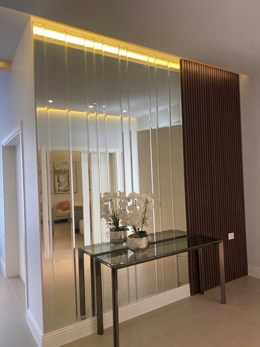 Vertical Strip Mirror Wall Design Panel with Wooden Fluted Accents