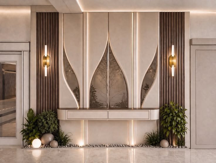 Royal Arched Decorative Wall Mirror Panels with Wooden Fluted Trim